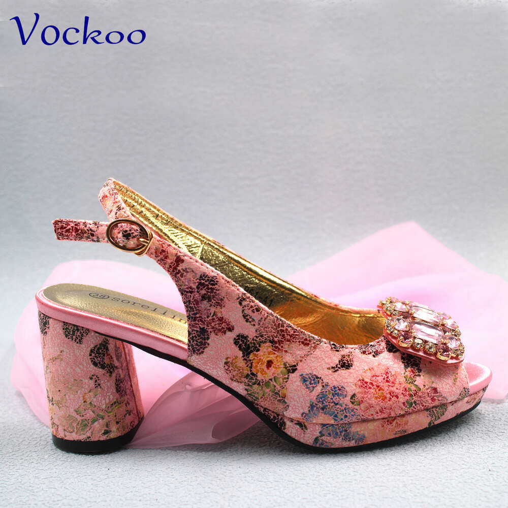 Pink Color Sexy Ladies Shoes And Bag Set Platform Square Heels Comfortable With Crystal For Wedding Party