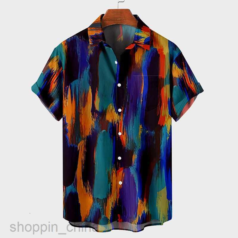 Men's Casual Shirts New men's shirt 3D digital printing short sleeved lapel striped shirt men's short cardigan top tops