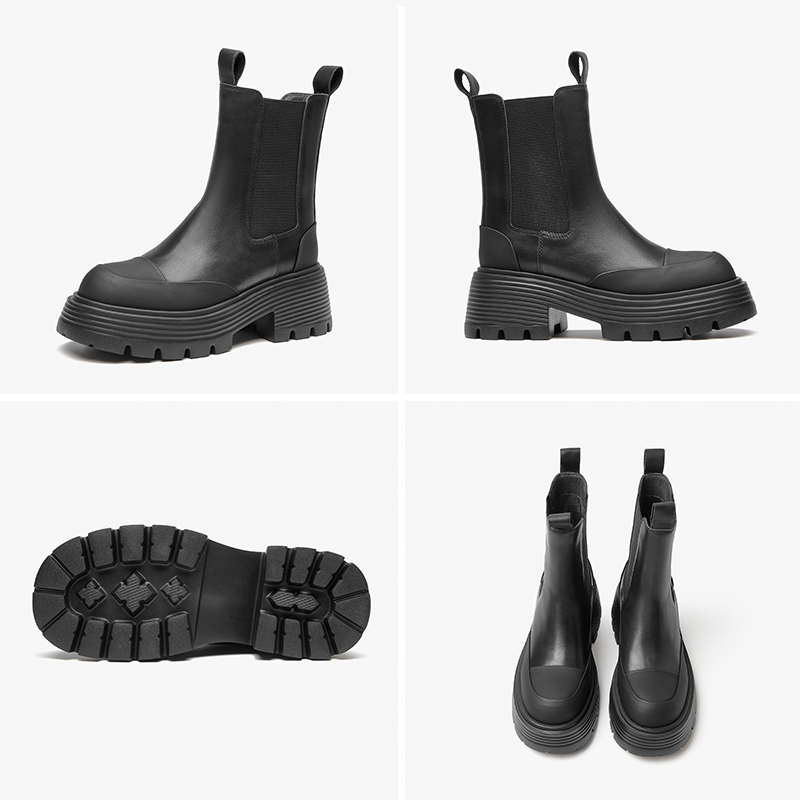 Ankle BeauToday Boots Platform Women Cow Leather Elastic Band Round Toe Slip-On Autumn Thick Sole Ladies Shoes Handmade 03A24 2c94