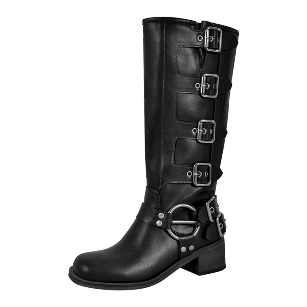 Onlymaker Women Gothic Black Knee High Heeled Brown Metal Rivet Buckle Fashion Motorcycle Boots