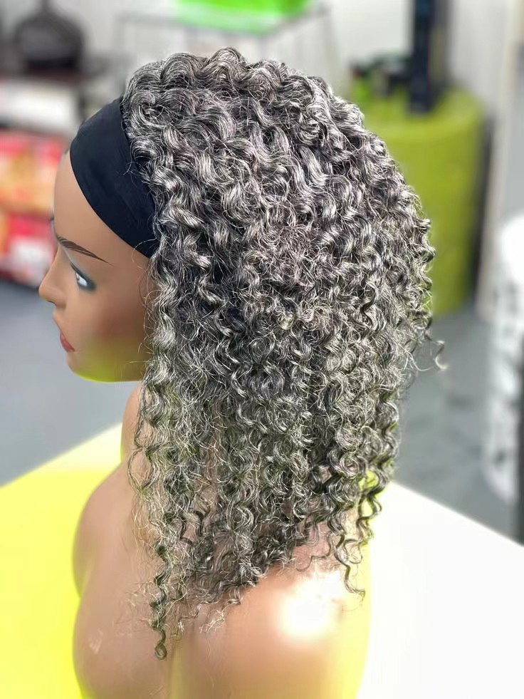 Silver grays human hair headband wig tight curl falls on shoulder or below with adjustable velcro straps glueless 14inch