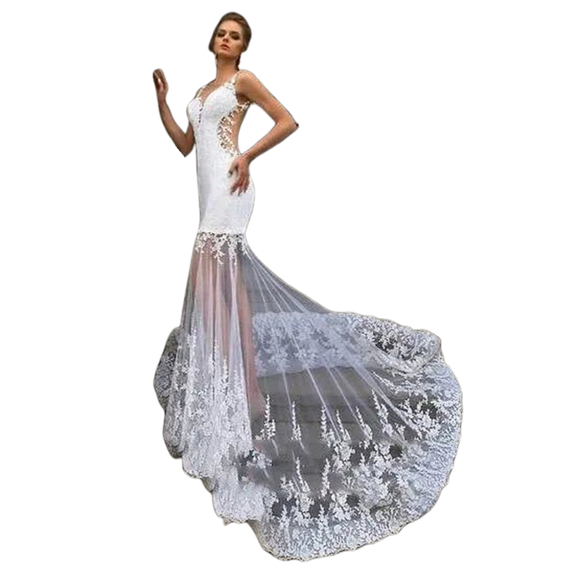 Sexy Backless Beach Mermaid Wedding Dresses With Detachable Skirt 3 In 1 Charming Long Bridal Gowns Lace Appliques Sleeveless 2024 Summer Illusion Ves