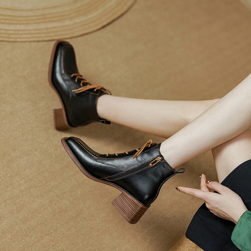 Square Autumn Toe Chunky Heel for Genuine leather Lace Black Ankle Boots Winter Shoes Women e837