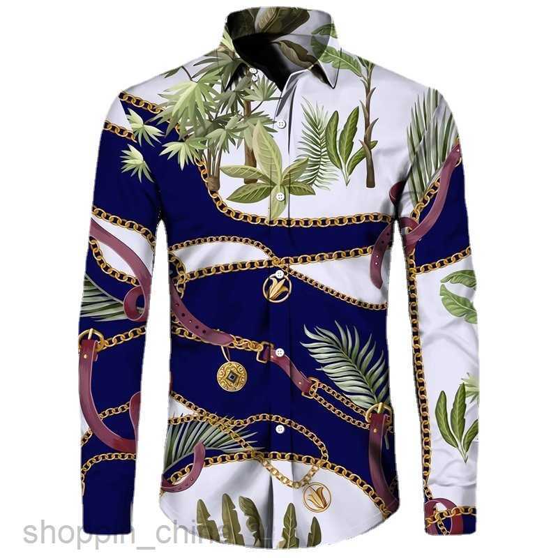 Men's Casual Shirts Directly operated men long sleeved lapel cardigan male fashion gold chain 3D printed long shirt tops