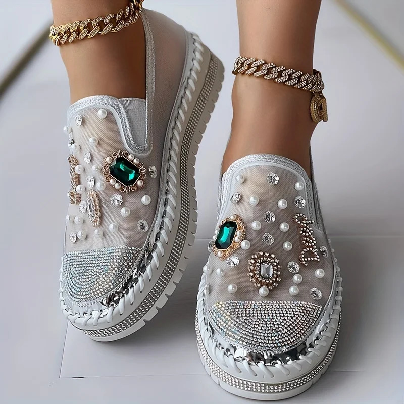 Loafers womens rhinestone decorative mesh sports shoes slide on low flat shoes 240611