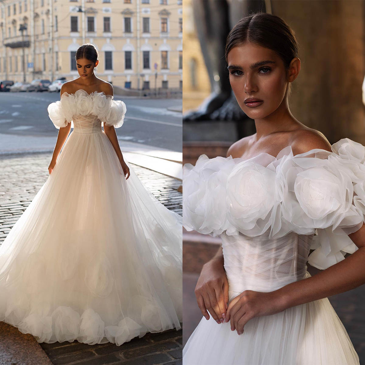 Charming A-line Wedding Dresses 3D Floral Decoration Tulle Off Shoulder Court Gown Pleat Backless Custom Made Zipper Plus Size Bridal Dress Vestidos D