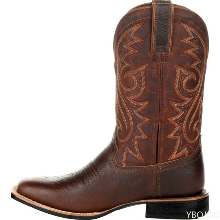 Mid Calf Western Cowboy Motorcycle Male Autumn Outdoor PU Leather Totem Med-Calf Boots Retro Designed Men Shoes