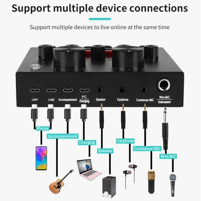 V8 Professional Sound Card Streaming Live Broadcast Podcast Recording Studio Equipment Voice Changer Audio Interface SoundCard 240603