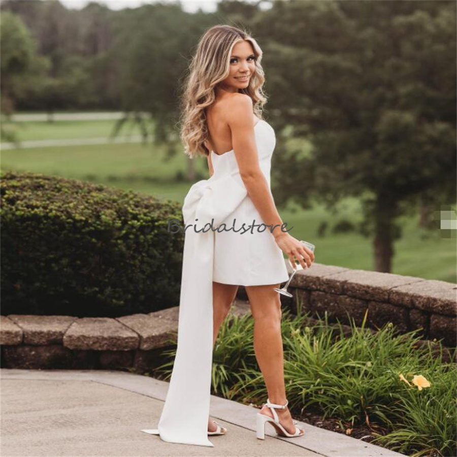 Minimalist Boho Short Wedding Dresses With Bow Strapless Soft Satin Beach Bridal Dress 2024 Civil Backless Garden Bride Dress Gatsby Vestios De Novia 