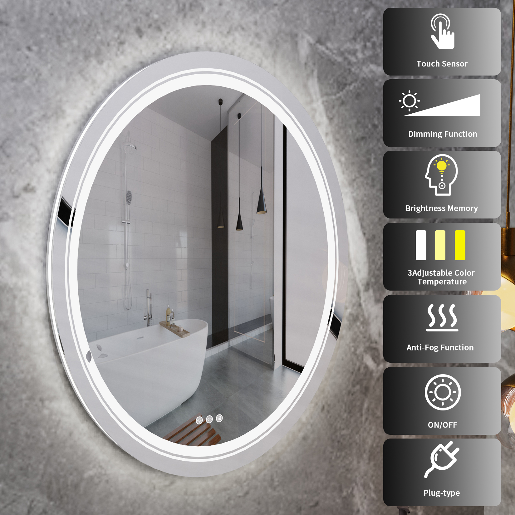 700x500mm LED Oval Mirror Anti-Fog Dimmable Illuminated Vanity Mirror Backlit Wall Mounted Bathroom Mirror with 3 Color Lights Bathroom Mirror