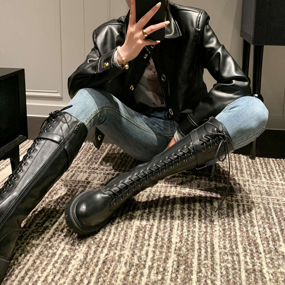 KHOU Fashion Knee-High Women New High-Quality Leather Lace-Up Platform Street All-Match Martin Knight Boots