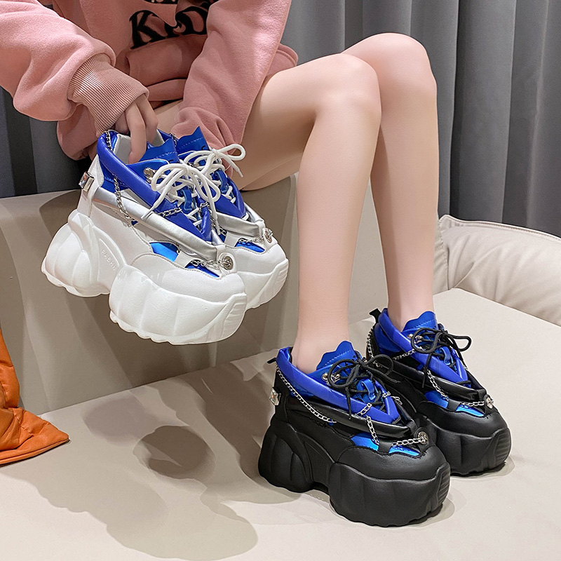 2023 Bling Chain Chunky Sneakers New Designer High Top Platform Casual Shoes Females Spring 10CM Wedge Heels Sport Leather Shoes