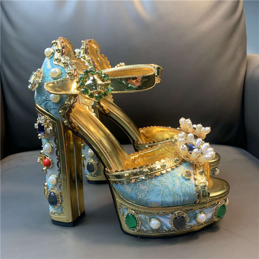 Chunky High Heels Platform Sandals For Women Rhinestone Metallic Gold Leather Woman Peep Toe Wedding Shoes