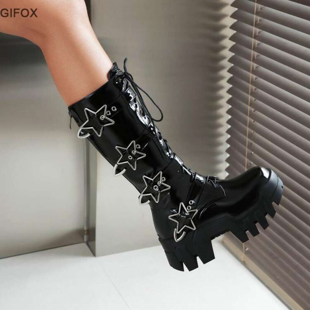 GIGIFOX Platform Wedges Knee High For Women Chunky Heel Fashion Punk Motorcyle Boots Goth Gothic New Rock Shoes Winter