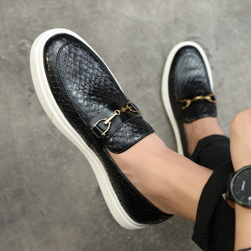 Casual Men's Emed Leather Men Fashion Buckle Loafers Mens Slip-on Board Shoes Outdoor Flats c385 s