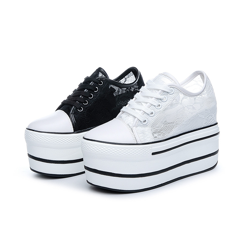 10.5cm Women Summer air mesh Fashion Ins White black Genuine Leather Chunky Sneaker Hollow Breathable Platform Wedge Shoes