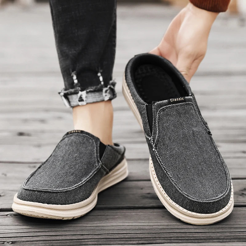 Mens casual shoes canvas breathable loafers mens half slider mens comfortable outdoor walking shoes classic mens sports shoes 240611