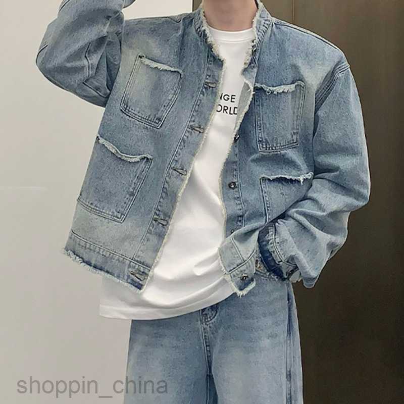 Men's Jackets Coats Worn edge trendy high street denim jacket for man loose and niche design casual washed gradient jacket