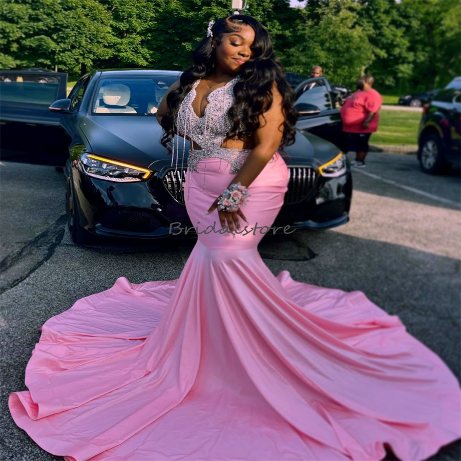 Plus Size Pink Prom Dresses For Black Women Beaded Crystal Mermaid Soft Satin Evening Dress African Elegant Formal Occasion Birthday Dress Pageant Ves