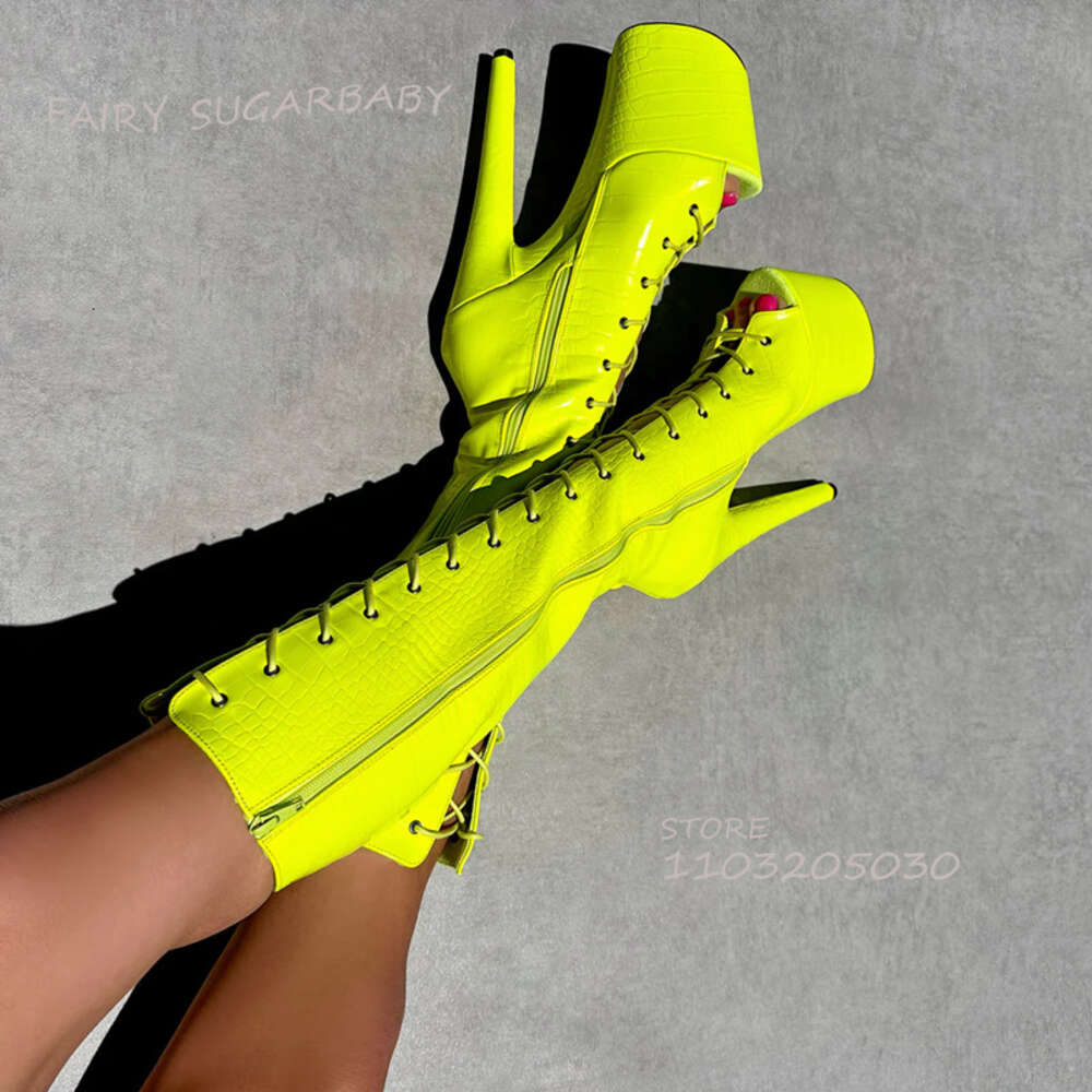 Bright Yellow Dazzling Boots Platform Women Lace Peep Toe Zipper Knee Booties Calf Open Pole Dance Sexy Girls Shoes