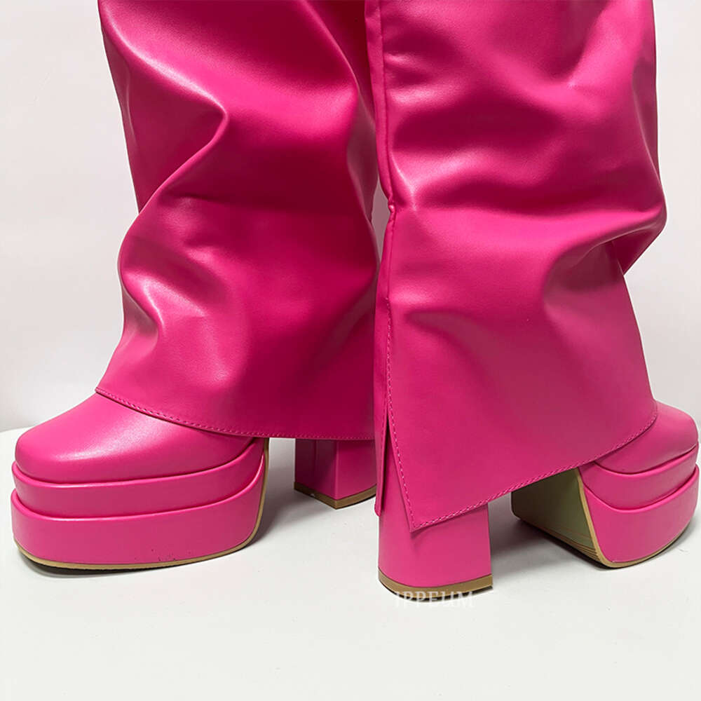 IPPEUM Fold Over Boots Women Orange Hot Pink Block Heel Knee High Plus Size 43 Platform Shoes Y2k Botas Plataforma Mujer