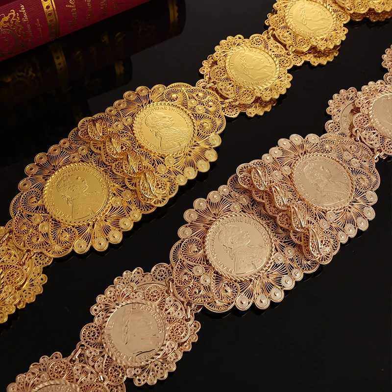 French Rich Gold Color Coin Belt for Women Algerian Traditional Caftan Wedding Dress Belts Napoleon Figure Royal Waist Chains 240531