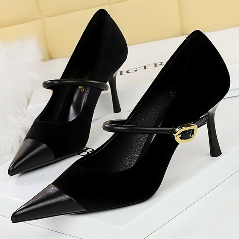 BIGTREE New Buckle Design Women Pumps Pointed High Suede Stilettos Heels 7cm 10cm Ladies Shoes Large Size 43 f9c