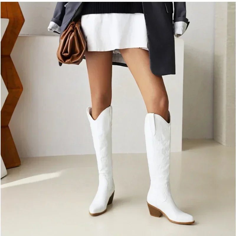 Pointed Toe Knight Boots for Women Brown PU Leather Knee High Boots Woman Autumn Winter Western Cowboy Long Botas Mujer 2024