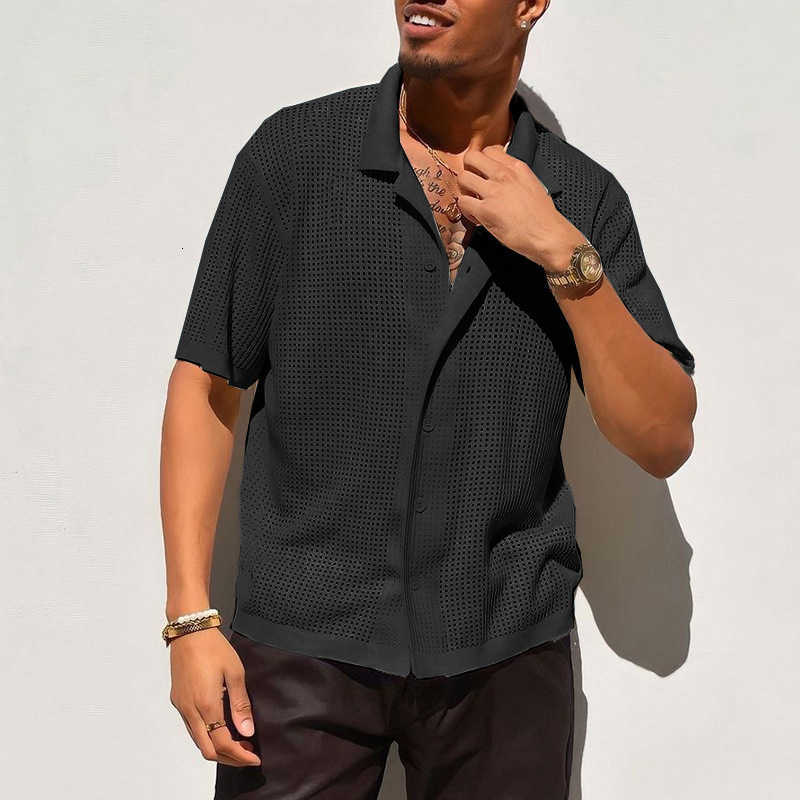Men's Polos Shirts Man Casual Knitted Shirt Men Summer New Solid Color Lapel Hollowed Out Breathable Male Short Sleeved Top Tops