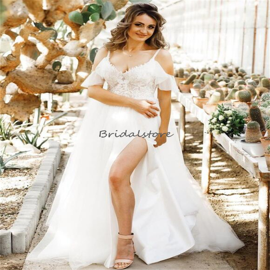 Celtic Boho Civil Wedding Dresses Cap Sleeves Fairy Spaghetti Straps High Slit Bohemian Bridal Dress 2024 Country Bride Summer Vestios De Novias A Lin