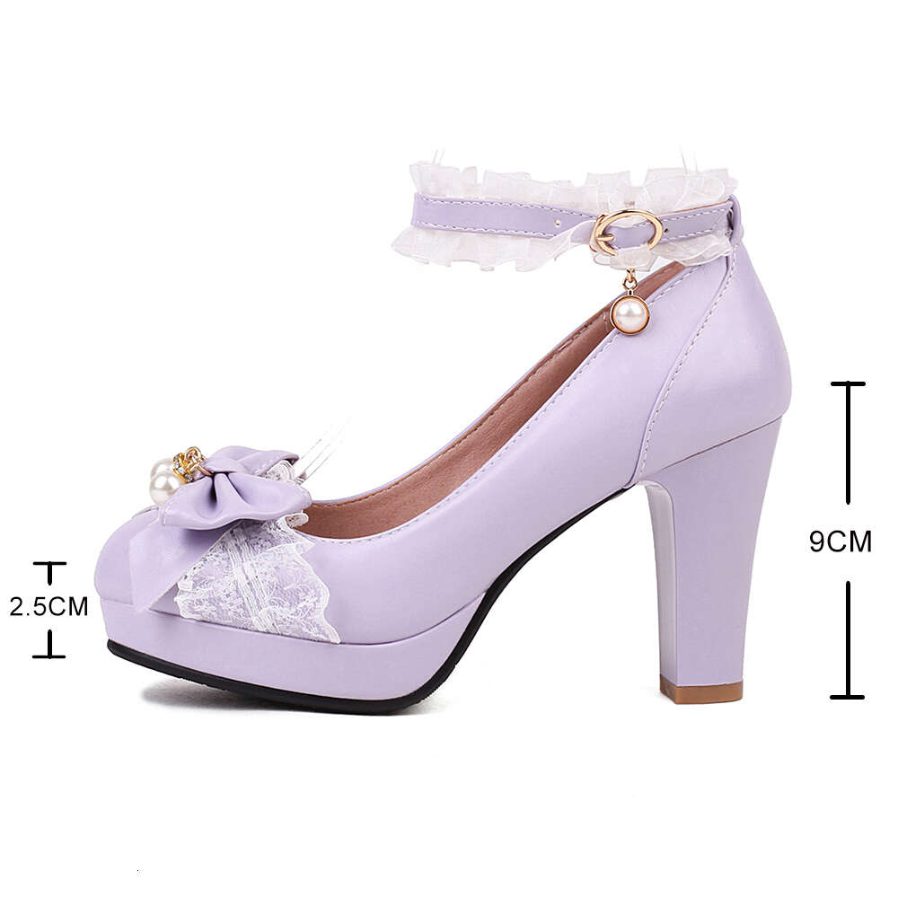 Summer Ladies 2.5 Platform Cute Bow Lace Princess Mary Jane Lolita Shoes Party 10Cm High Heels Buckle Pumps Big Size 43