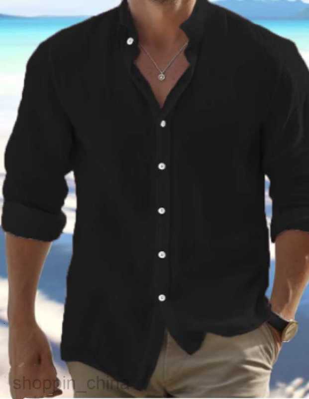 Men's T Shirts Men's linen button up shirt summer beach shirt long sleeved plain collar spring and summer casual daily clothing tees tops