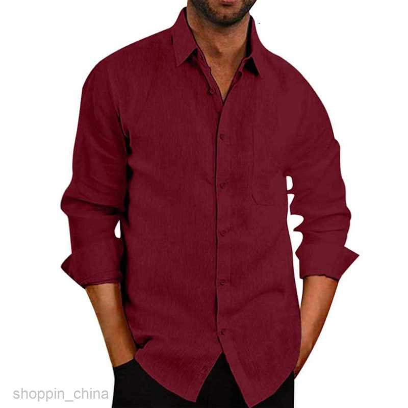 Men's Polos Shirts New Polo Collar Solid Color Long sleeved Button Men Linen Shirt male Wear tops
