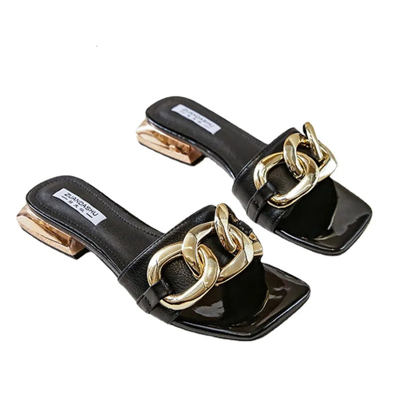 Comemore Summer Metal Chain Womens Slide Low Heel Square Toe Sandals Casual Slide Womens Mule Shoes Dress Flip 240611