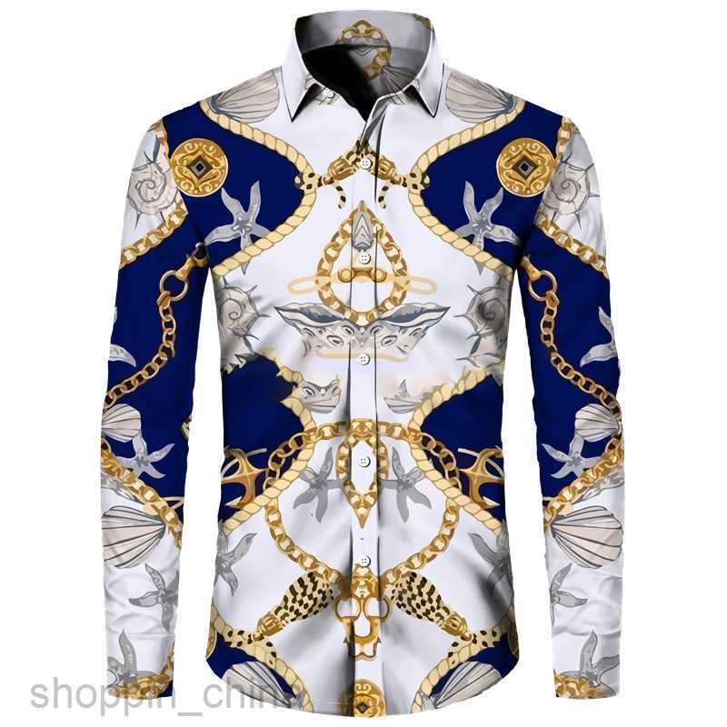 Men's Casual Shirts Directly operated men long sleeved lapel cardigan male fashion gold chain 3D printed long shirt tops