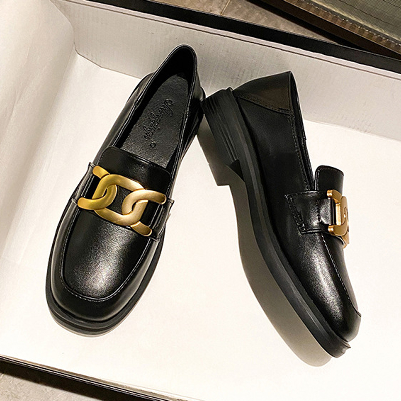 2023 Brand Metal Chain Oxfords Women Small Leather Shoes Square Toe Thick Heels Loafers Femmes Moccasins Ladies Flats Sneakers