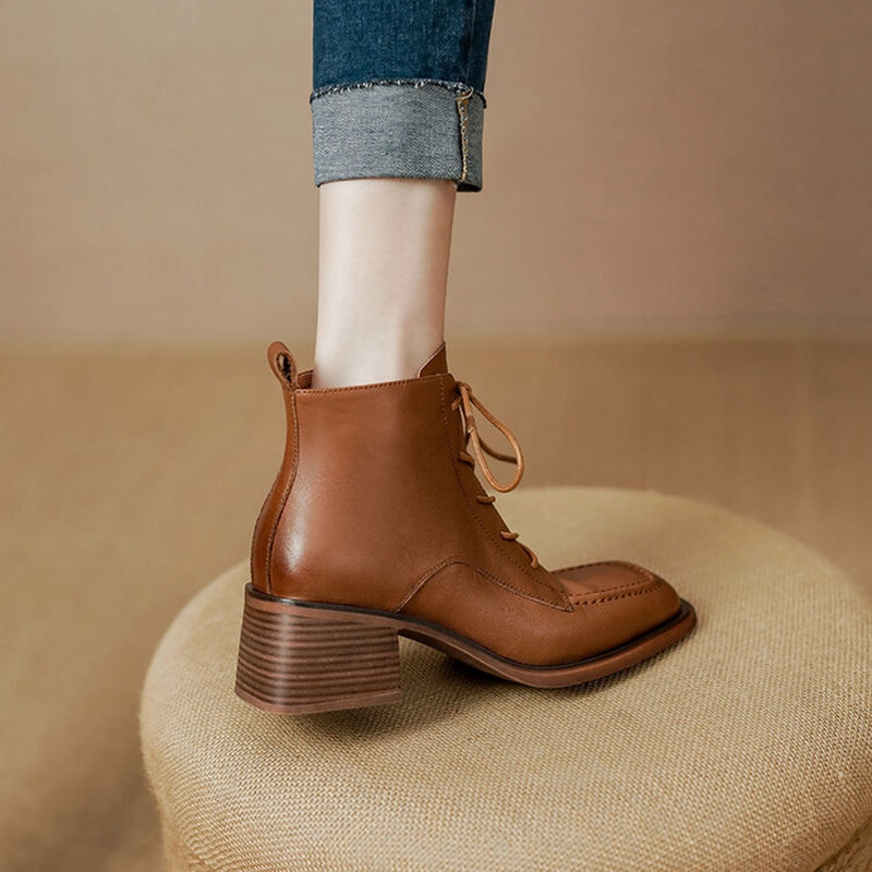 Square Autumn Toe Chunky Heel for Genuine leather Lace Black Ankle Boots Winter Shoes Women e837