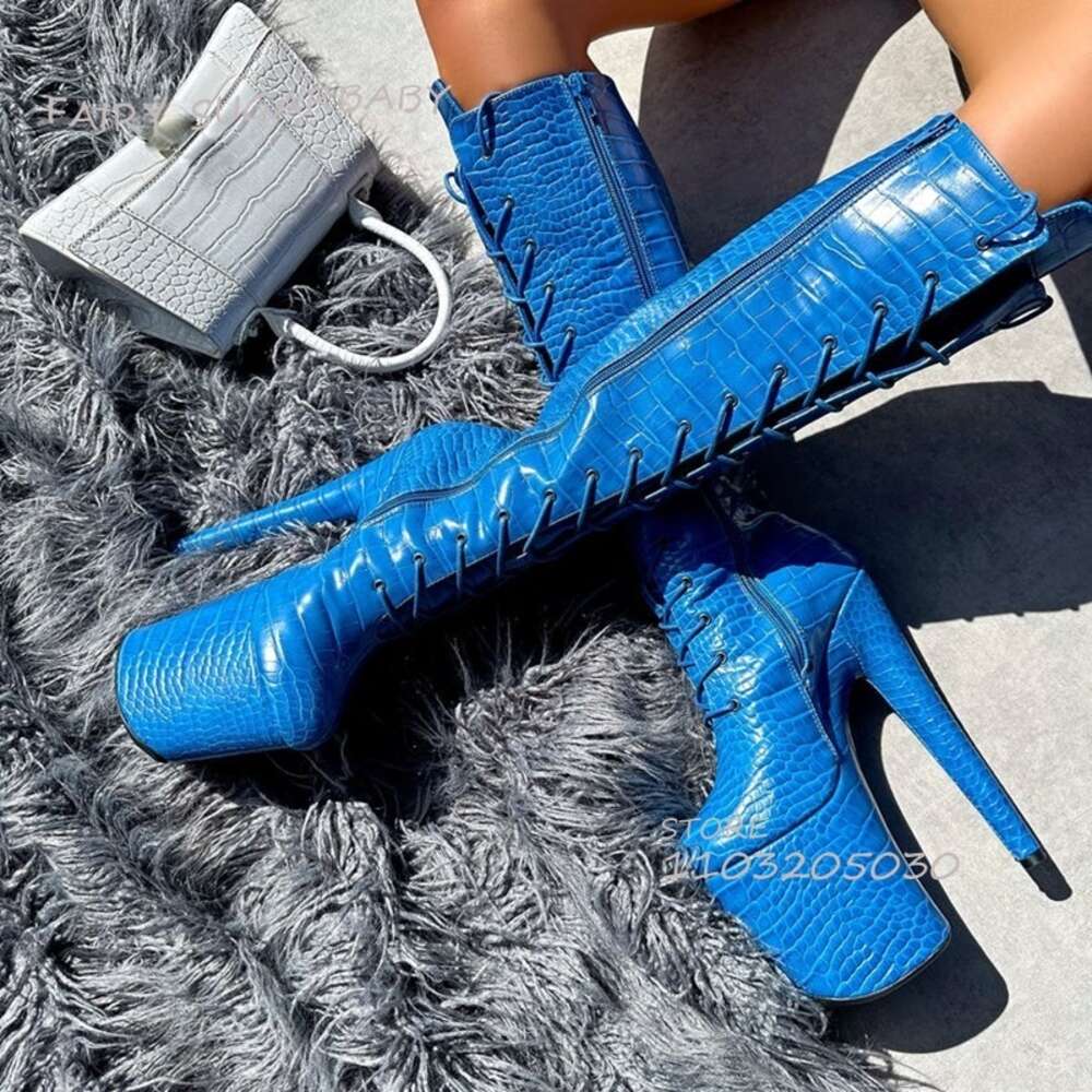 Sky Dark Blue Stone Pattern Lace-Up Boots Women Open Stiletto Sexy Summer 20Cm Platform Pole Dance Zipper Shoe Custom Large Size