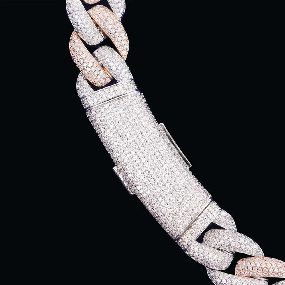 Custom Fashion 20mm 2 Tone Gold Cuban Chain Round Vvs Moissanite Diamond with Long Box Clasp Cuban Miami Link Chain