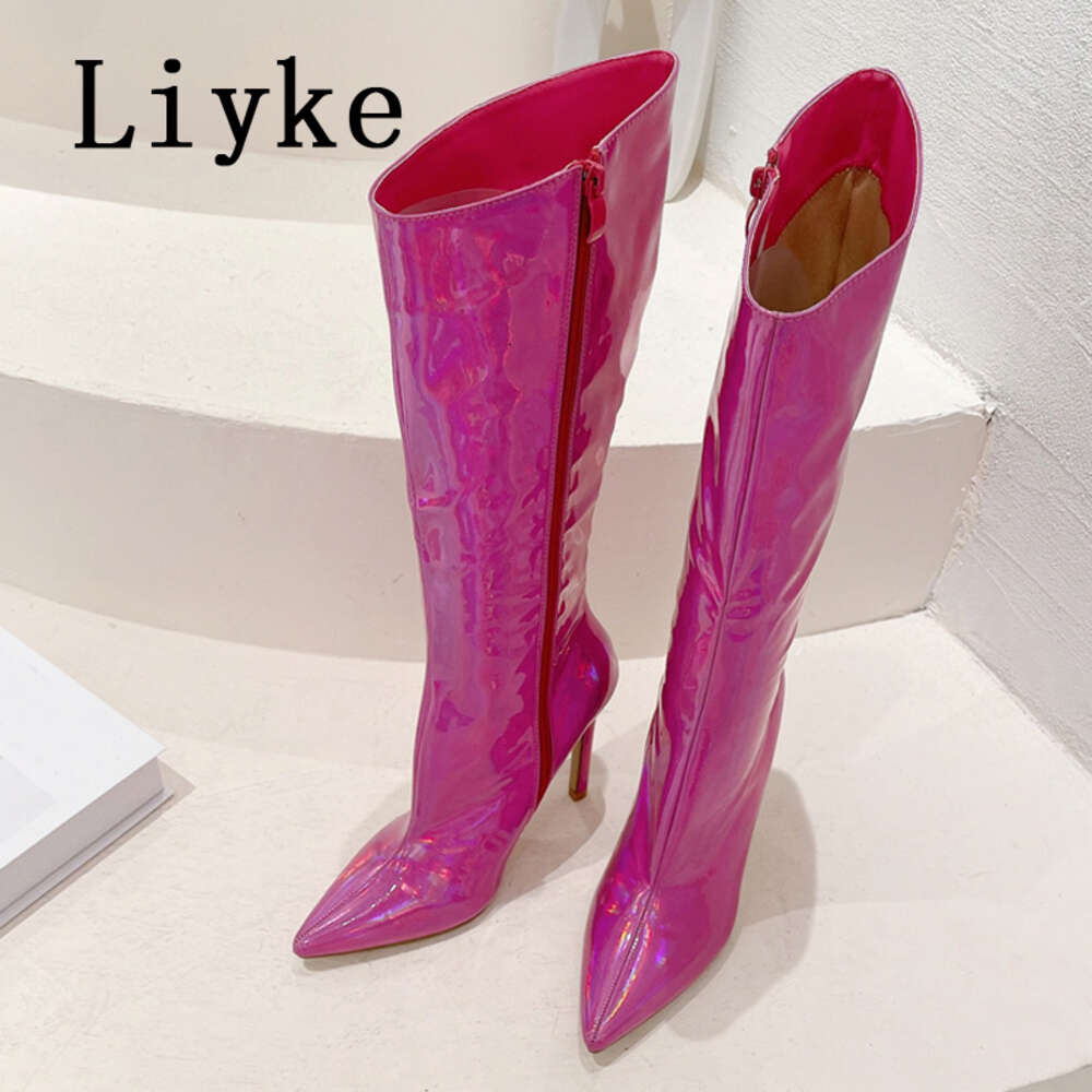 Liyke Sexy Party Nightclub Stripper Knee High Boots Female Green Smooth Patent Leather Pointed Toe Heels Women Shoes Zip Booties