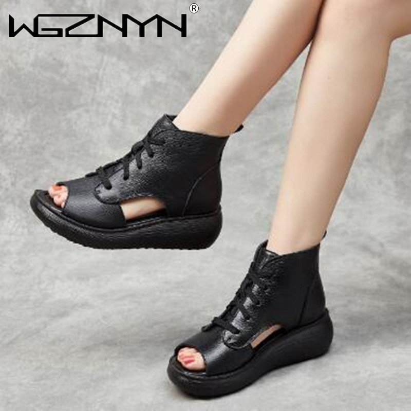 Genuine Leather Peep Toe Sandals for Women Thick High Heels Retro Roman Style Short Boots for Summer Fashion and All-Day Comfort