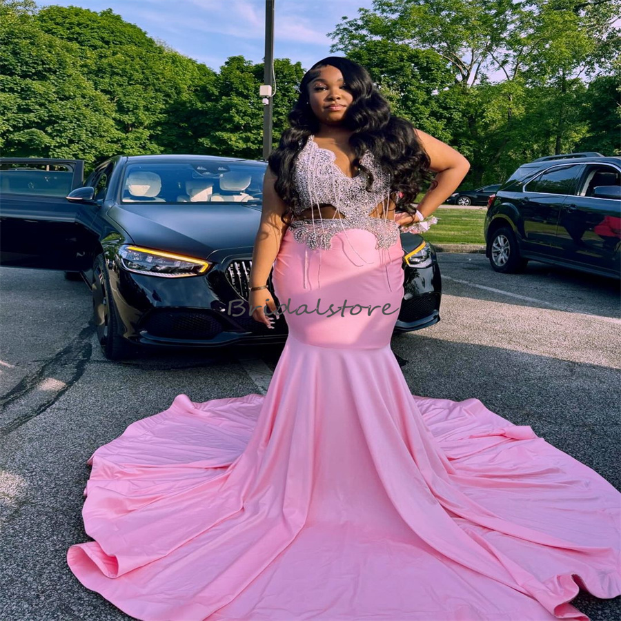 Plus Size Pink Prom Dresses For Black Women Beaded Crystal Mermaid Soft Satin Evening Dress African Elegant Formal Occasion Birthday Dress Pageant Ves