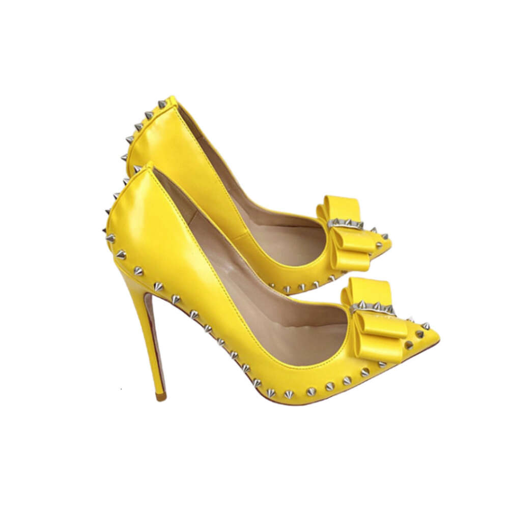 Pointed Yellow Bow Rivet High Heels, Sexy Shoes With Pointed Rivets, Suitable For Parties And Clubs, Extra Large