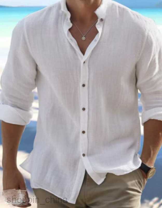 Men's T Shirts Men's linen button up shirt summer beach shirt long sleeved plain collar spring and summer casual daily clothing tees tops
