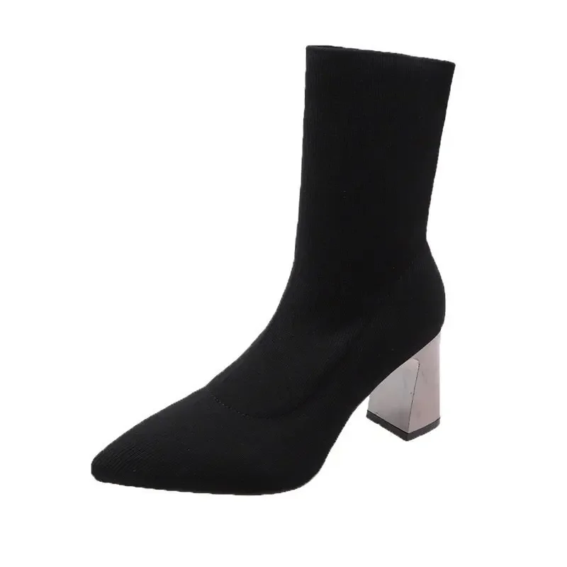 Footwear Black Pointed Toe Short Shoes for Woman Elastic Booties Sock Women's Ankle Boots Pu Trend 2023 High Quality Hot Y2k 39