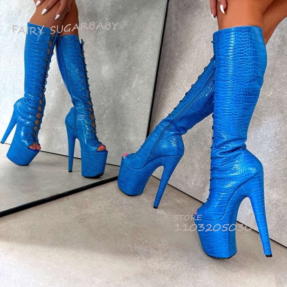Sky Dark Blue Stone Pattern Lace-Up Boots Women Open Stiletto Sexy Summer 20Cm Platform Pole Dance Zipper Shoe Custom Large Size