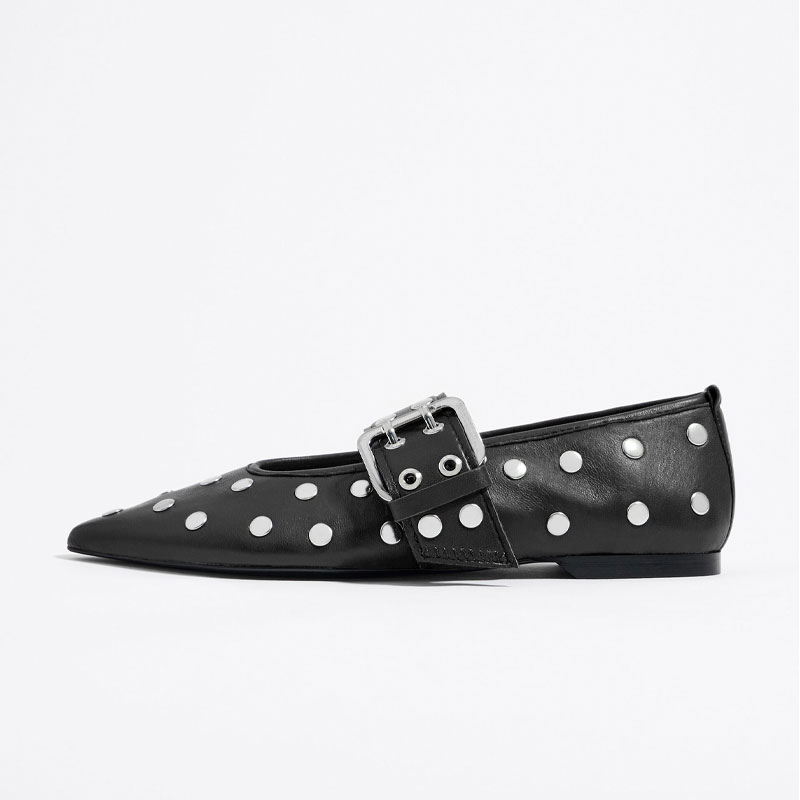 Large Rivet Belt Buckle Simple Flat Sole Single Shoe Black White Punk Style New Fashionable Women Size34-44 Handmade Shoes e0ac s