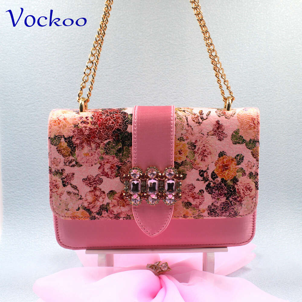 Pink Color Sexy Ladies Shoes And Bag Set Platform Square Heels Comfortable With Crystal For Wedding Party