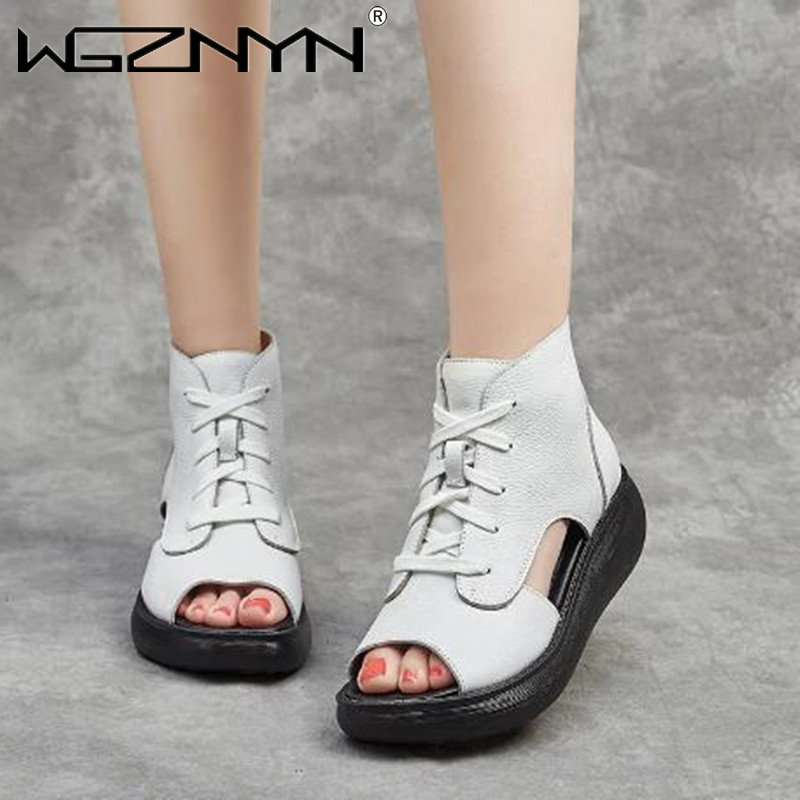 Genuine Leather Peep Toe Sandals for Women Thick High Heels Retro Roman Style Short Boots for Summer Fashion and All-Day Comfort