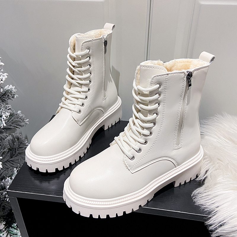 Women's Short Plush Warm Ankle Boots Winter 2023 Waterproof PU Leather Snow Boots Women Non-Slip Lace Up Platform Combat Booties